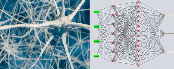 Swiggly connected brain cells alongside a web of connected dots