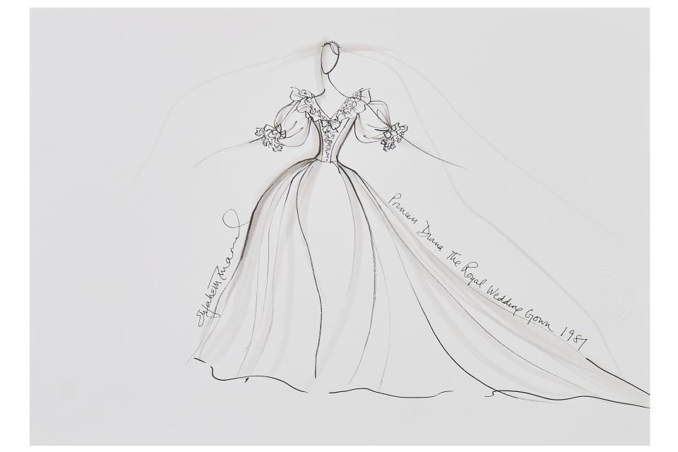 Elizabeth Emanuel fashion sketch for the 1981 Royal Wedding dress worn by Princess Diana. (Kerry Taylor auctions)