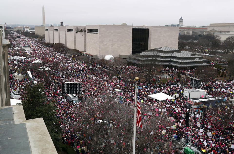 FILE - In this Saturday, Jan. 21, 2017 file photo, a crowd fills Independence Avenue with the Washington Monument in the background, during the Women's March on Washington. The largest single-day protest in U.S history — the Women’s March — came the day after Donald Trump’s presidential inauguration. (AP Photo/Alex Brandon)