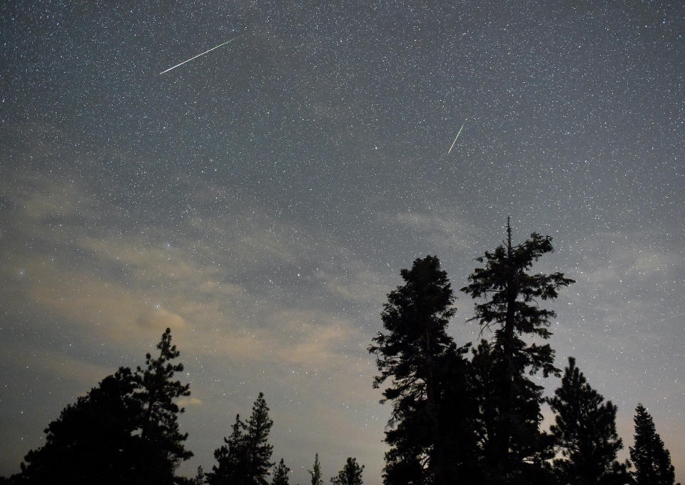 A pair of Perseid meteors streak across the sky above desert pine trees on Aug. 13, 2015, in the Spring Mountains National Recreation Area, Nevada. (Photo: Ethan Miller via Getty Images)