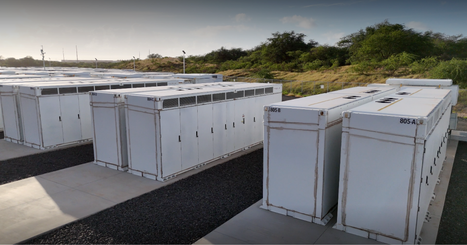 Close-up of the Plus Power Kapolei Energy Storage, located on eight acres of land in Kapolei on the island of Oahu about 20 miles west of Honolulu. The 185-megawatt battery storage project is part of Hawaiian Electric’s shift to 100% green energy, as mandated by state law by 2045.