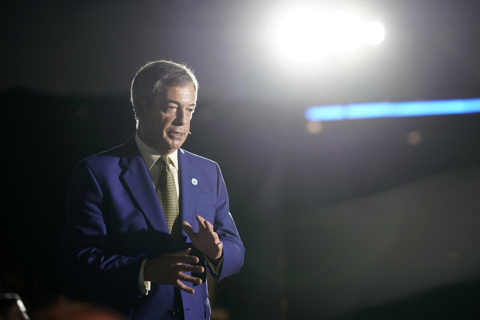 NEWPORT, WALES - SEPTEMBER 21: Leader of the Brexit Party Nigel Farage addresses party members and delegates at the Neon Theatre during the Brexit Party Conference touron September 21, 2019 in Newport, Wales. The rally is part of a nationwide conference tour in which Nigel Farage will address audiences around the country. In readiness for a possible general election the party has already selected prospective parliamentary candidates in most constituencies across the UK. (Photo by Christopher Furlong/Getty Images)