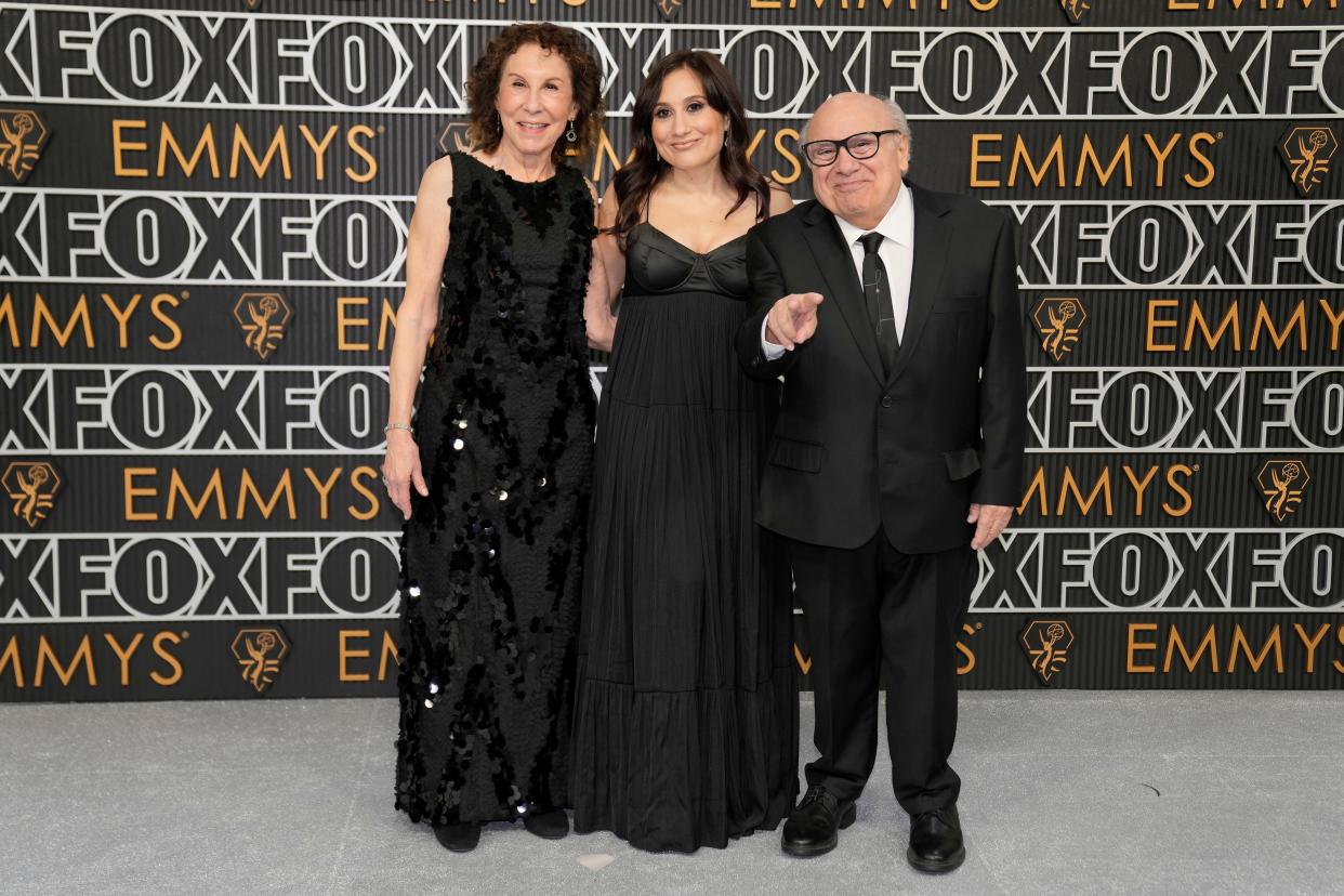 Rhea Perlman, from left, Lucy DeVito, and Danny DeVito arrive at the 75th Primetime Emmy Awards on Monday, Jan. 15, 2024, at the Peacock Theater in Los Angeles.