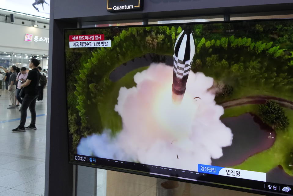 A TV screen shows a file image of North Korea's missile launch during a news program at the Seoul Railway Station in Seoul, South Korea, Tuesday, July 25, 2023. North Korea fired two short-range ballistic missiles into its eastern sea, South Korea's military said Tuesday, adding to a recent streak in weapons testing that is apparently in protest of the U.S. sending major naval assets to South Korea in a show of force. (AP Photo/Ahn Young-joon)
