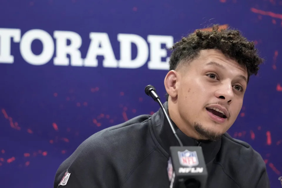 Kansas City Chiefs quarterback Patrick Mahomes answers a question at Super Bowl opening night. (AP Photo/Godofredo A. Vásquez)