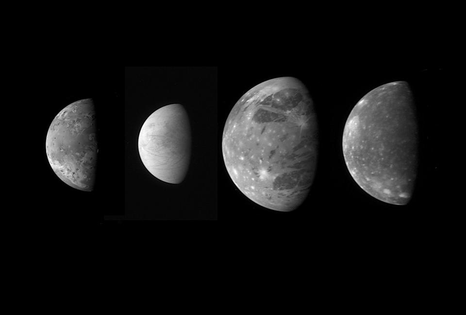 A montage showing the four Galilean moons of Jupiter as imaged by NASA's New Horizons spacecraft on its way to Pluto. The moons, captured in separate shots, are scaled to show their relative sizes (left to right): Io, Europa, Ganymede and Callisto. Analysis based on earlier missions indicates oceans of liquid, possibly habitable water may exist below the icy crusts of Europa, Ganymede and Callisto. / Credit: NASA