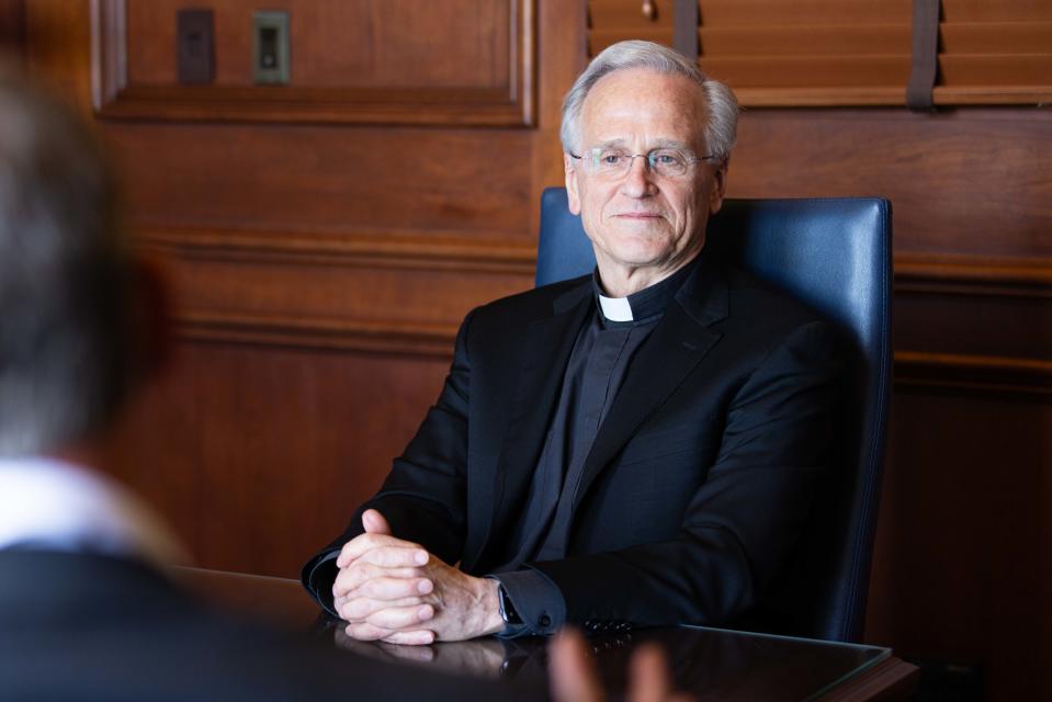 University of Notre Dame president the Rev. John I. Jenkins sits for an interview on Thursday, April 25, 2024, at the Main Building on Notre Dame's campus.