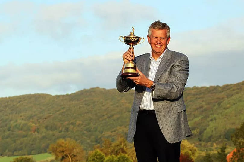 European Team Captain Colin Montgomerie poses with the Ryder Cup following Europe's victory over the USA in 2010