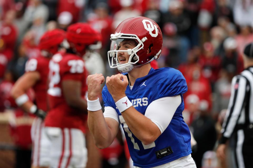 OU's Jackson Arnold celebrates after throwing a touchdown during Saturday's spring game at Gaylord Family-Oklahoma Memorial Stadium in Norman.