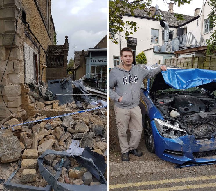 Tony Hughes and his wrecked BMW (SWNS)