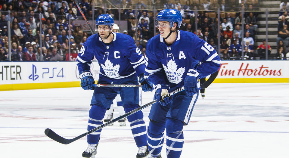 TORONTO, ON - OCTOBER 10: Mitchell Marner #16 and John Tavares #91 of the Toronto Maple Leafs against the Tampa Bay Lightning during the first period at the Scotiabank Arena on October 10, 2019 in Toronto, Ontario, Canada. (Photo by Mark Blinch/NHLI via Getty Images)