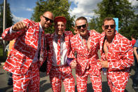 <p>Denmark fans enjoy the pre match atmosphere prior to the 2018 FIFA World Cup Russia group C match between Denmark and France at Luzhniki Stadium on June 26, 2018 in Moscow, Russia. (Photo by David Ramos – FIFA/FIFA via Getty Images) </p>