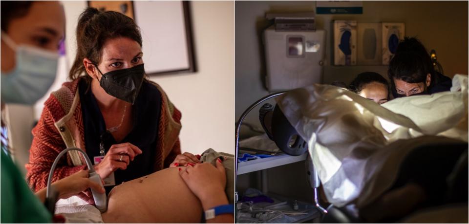 Left, a family physician and her resident do an ultrasound. Right, A family physician and her resident perform an abortion.