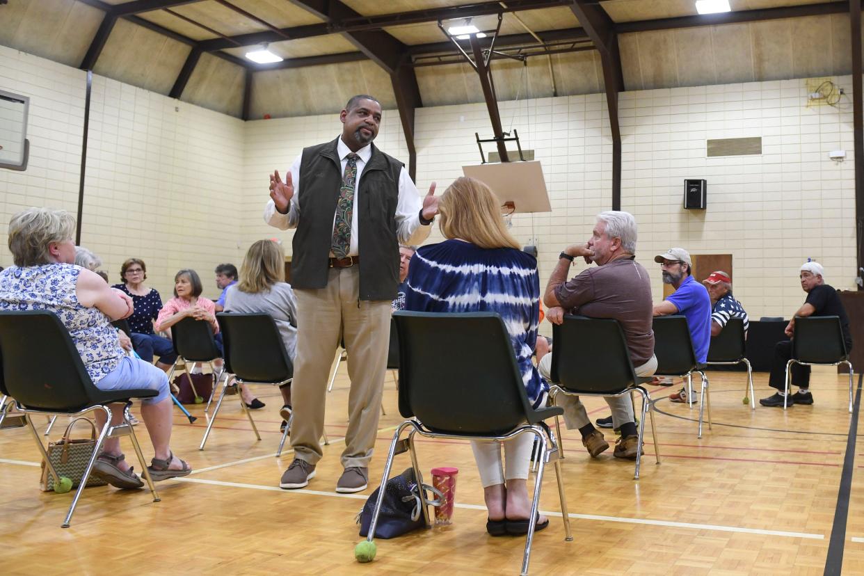 FILE - Richmond County Sheriff Richard Roundtree addresses the public during the Richmond County Sheriff's Office town hall at Warren Road Community Center on Tuesday, July 11, 2023. In recent weeks local officials have been looking into ways to remove unauthorized people from private property.