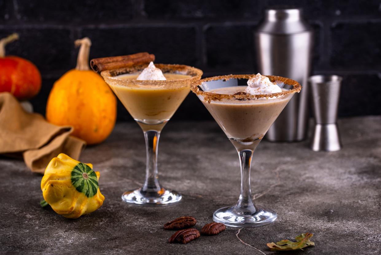 Creamy martini cocktail or liquor with pumpkin and pecan