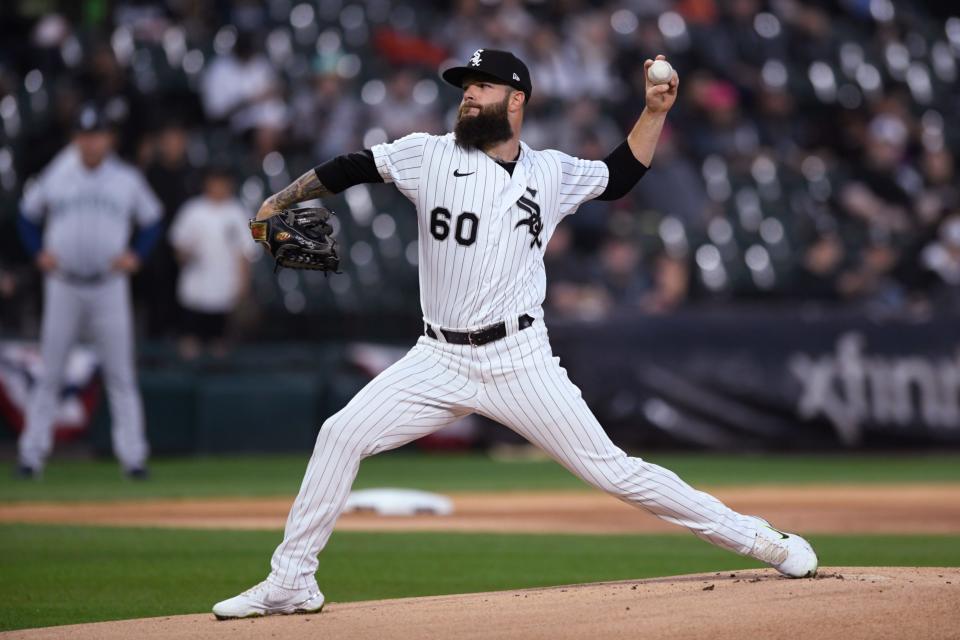 Chicago White Sox starter Dallas Keuchel pitches during the first inning of the team's baseball game against the Seattle Mariners on Wednesday, April 13, 2022, in Chicago. (AP Photo/Paul Beaty)