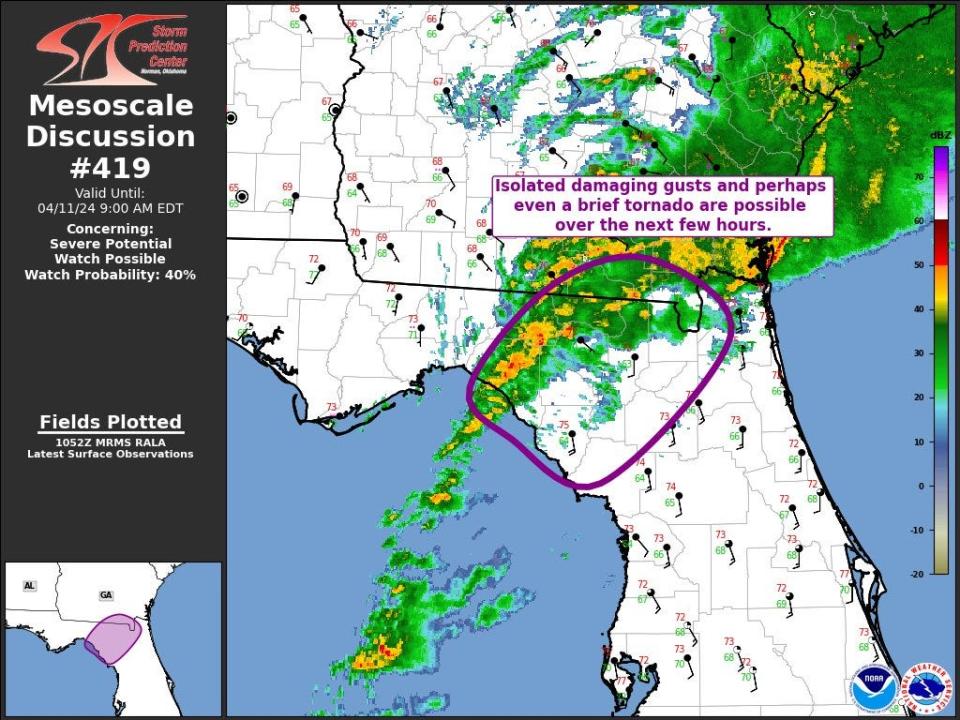 The National Weather Service Storm Prediction Center at 5:56 a.m. CDT said isolated damaging wind gusts and "perhaps even a brief tornado are possible" until 9 a.m. EDT.