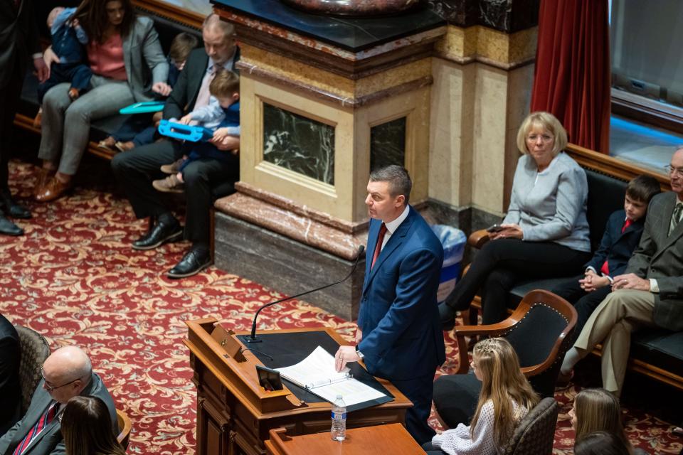 Senate Majority Leader Jack Whitver addresses the Senate on the first day of the legislative session, Monday, Jan. 9, 2023.