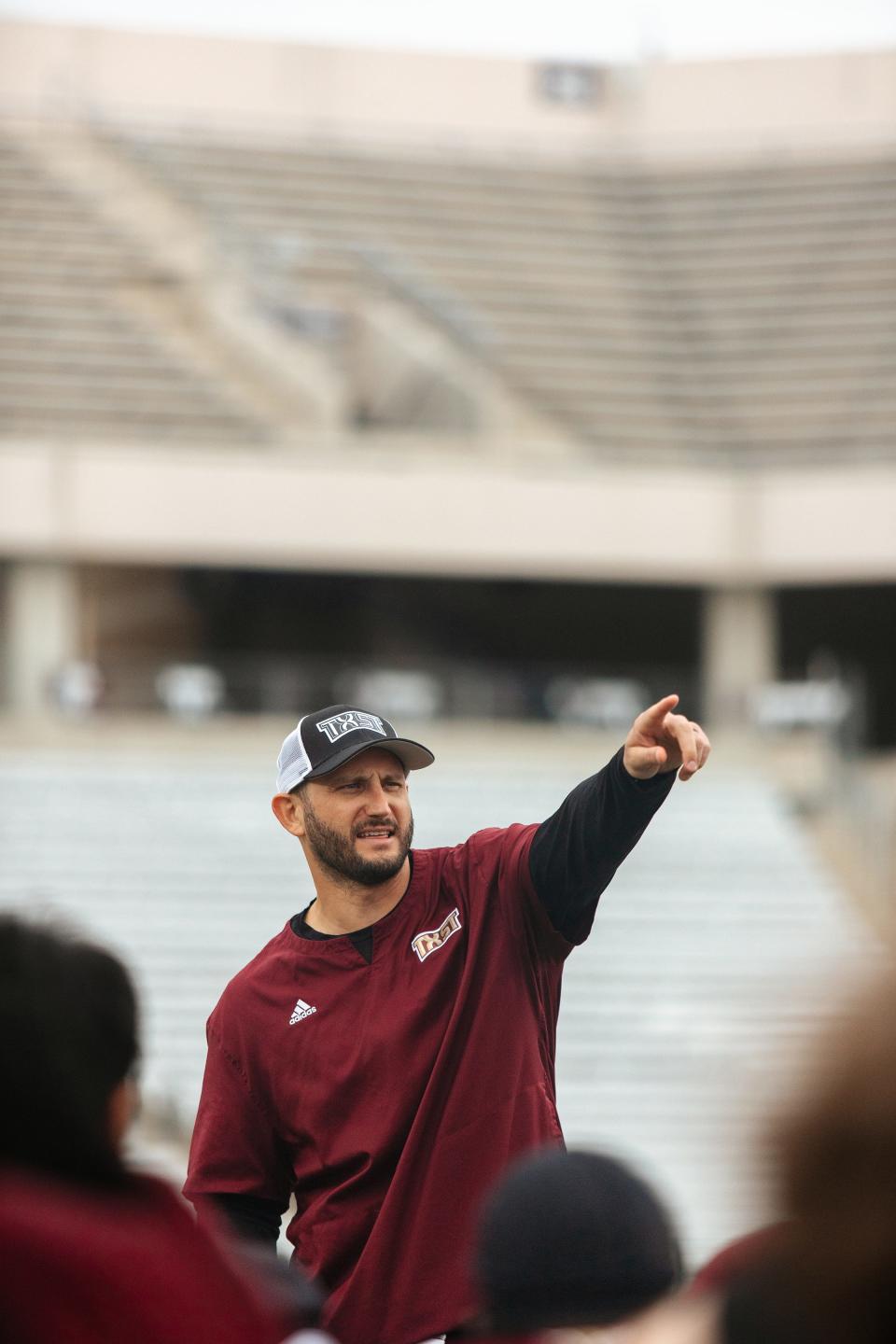 Texas State head football coach G.J. Kinne at practice Thursday, Aug. 31, 2023.