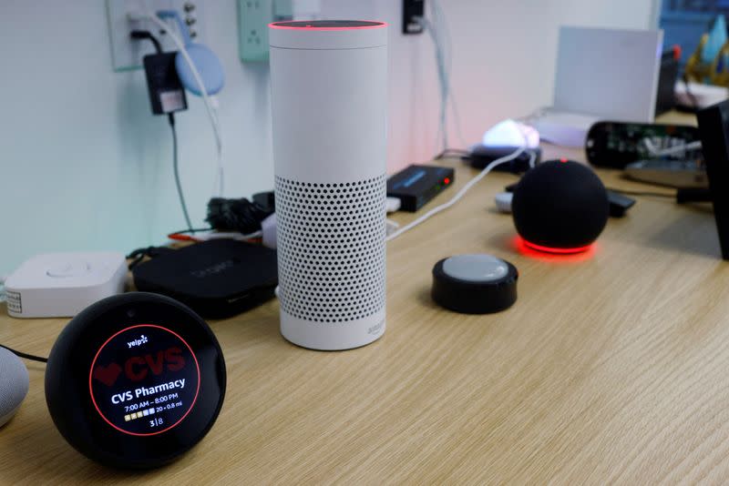 Amazon smart devices sit in the lab of Professor David Choffnes at Northeastern University in Boston