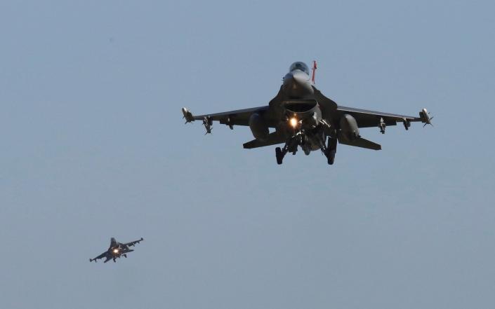 The F-16 fighter jets, made by Lockheed Martin in the US, have sensitive technology on board - Ahn Young-joon/AP