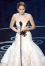 <p>Jennifer Lawrence, Silver Linings Playbook<br>The second nomination (J-Law was previously nominated for Winter's Bone) proved the winner for Jennifer as she picked up the Best Actress Oscar. She accidentally tripped over her Dior Haute Couture gown on her way up the stairs to accept her award, quipping: ""You guys are just standing up because you feel bad that I fell and that’s really embarrassing. But thank you."<br><br><a rel="nofollow" href="http://au.movies.yahoo.com/on-show/article/-/16210271/oscars-2013-live-blog/" data-ylk="slk:Watch: Jennifer Lawrence trips on her way to the Oscars stage;elm:context_link;itc:0;sec:content-canvas" class="link ">Watch: Jennifer Lawrence trips on her way to the Oscars stage</a></p>