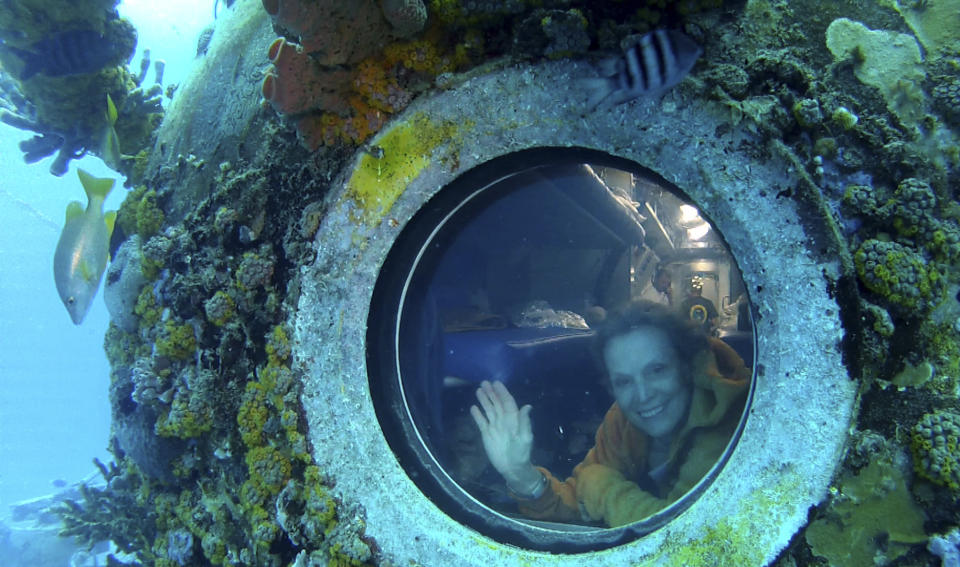 In this undated photo released by One World One Ocean, Sylvia Earle looks out of a porthole from Aquarius, the undersea research laboratory in the Florida Keys. Aquarius is part of NOAA's National Undersea Research Program, but the budget has been cut by the federal government. (AP Photo/One World One Ocean, Mark Ostrick)