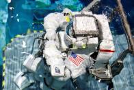 NASA Commercial Crew astronaut Sunita Williams enters the water at NASA's Neutral Buoyancy Laboratory (NBL) training facility near the Johnson Space Center in Houston