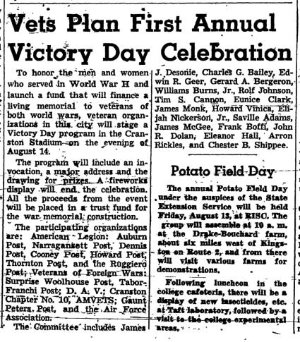 An article in the Cranston Herald edition of Aug. 14, 1948, notes the first annual Victory Day. (credit: Cranston Public Library)