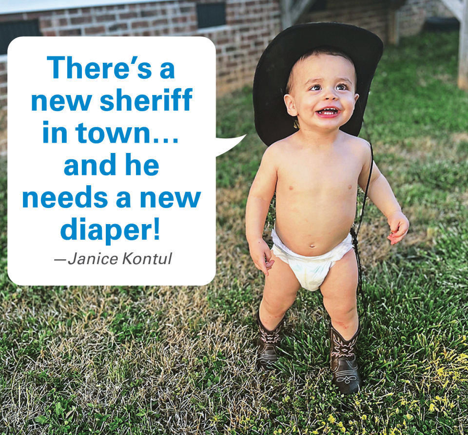 Caption Contest Winners: Baby in diaper and cowboy hat and boots with caption 