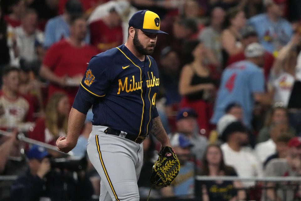 Milwaukee Brewers relief pitcher Bryse Wilson walks back to the mound after giving up a two-run double to St. Louis Cardinals' Nolan Gorman during the sixth inning of a baseball game Monday, May 15, 2023, in St. Louis. (AP Photo/Jeff Roberson)