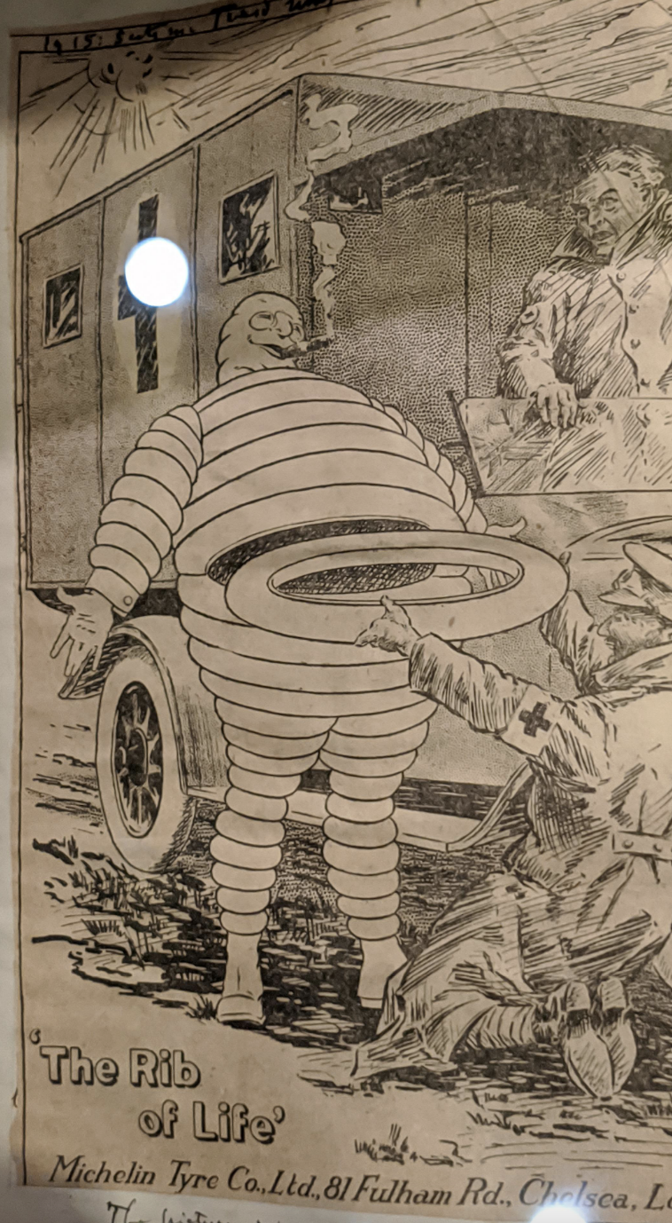 Vintage Michelin advertisement with the Michelin man without ribs, with the headline "The rib of life," Michelin Tire Co. Ltd., 81 Fulham Rd., Chelsea