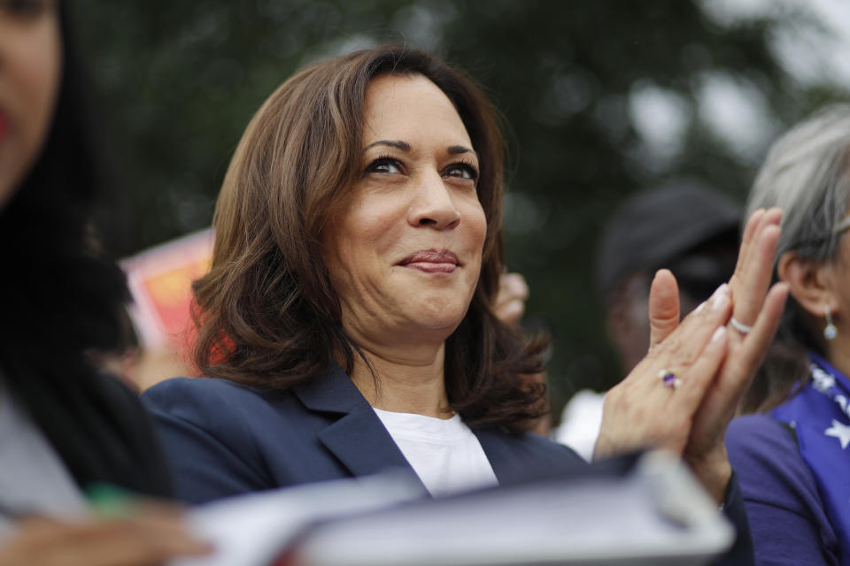 Democratic presidential candidate Sen. Kamala Harris, D-Calif., rallies with people protesting for higher minimum wage outside of McDonald's, Friday, June 14, 2019, in Las Vegas. (AP Photo/John Locher)