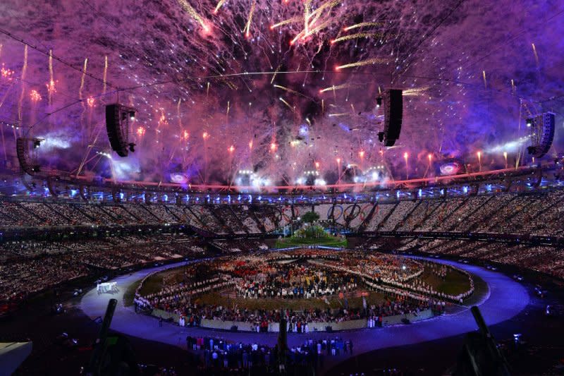 Fireworks go off prior to the Olympic flame lighting at the opening ceremony at the London 2012 Summer Olympic Games on July 27, 2012. File Photo by Ron Sachs/UPI