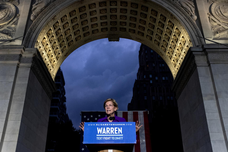 Democratic presidential candidate U.S. Sen. Elizabeth Warren addresses supporters at a rally, Monday, Sept. 16, 2019, in New York. (AP Photo/Craig Ruttle)