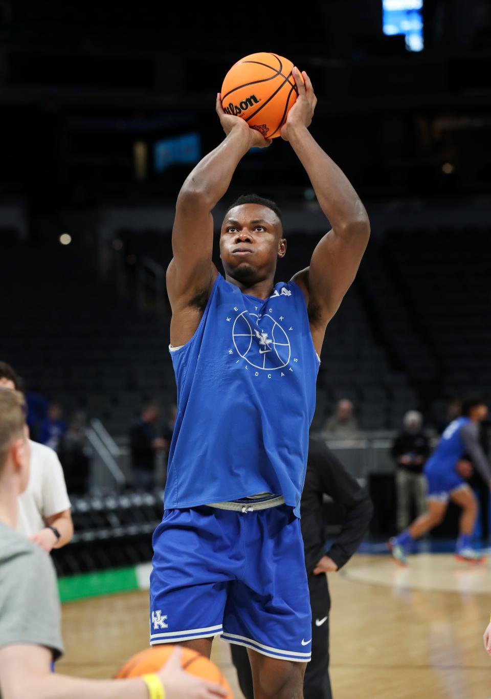 UK's Oscar Tshiebwe (34) shoots a jumper during practice ahead of their NCAA Tournament match up against Saint Peter's at the Gainbridge Fieldhouse in Indianapolis, In. on Mar. 16, 2022.