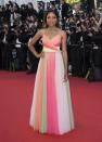 <p>Naomie was sherbet sweet in a rainbow tulle gown by Gucci.<br><i>[Photo: AP]</i> </p>