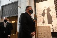 U.S. Secretary of State Mike Pompeo visits the Jewish Museum in the northern city of Thessaloniki, Greece, Monday, Sept. 28, 2020. Pompeo said Monday the United States will use its diplomatic and military influence in the region to try to ease a volatile dispute between NATO allies Greece and Turkey over energy rights in the eastern Mediterranean. (AP Photo/Giannis Papanikos, Pool)