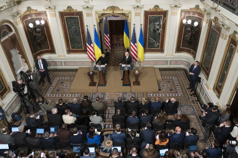 U.S. President Joe Biden and Ukrainian President Volodymyr Zelensky hold a news conference in Washington on Tuesday. Photo by Chris Kleponis/UPI