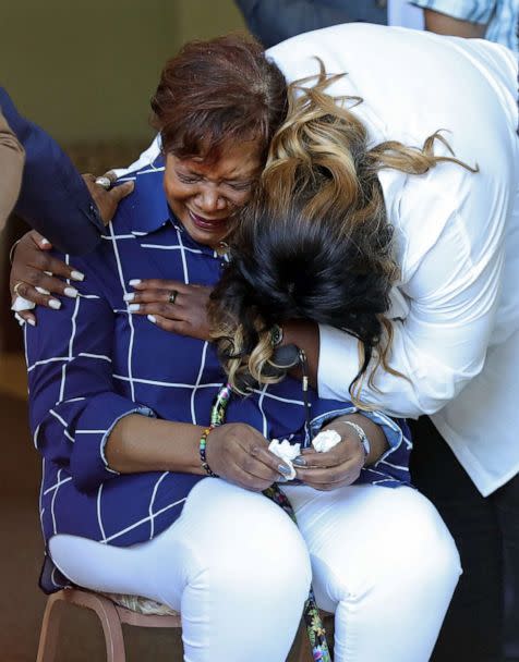 PHOTO: Pamela Walker and Jada Walker are overwhelmed with grief during a press conference following the police shooting death of Jayland Walker in Akron, Ohio, June 30, 2022. (Akron Beacon Journal via USA Today Network)