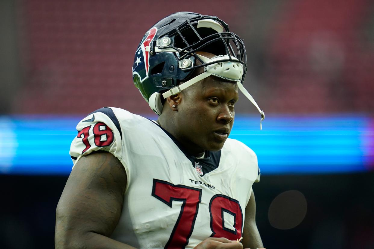 Houston Texans offensive lineman Laremy Tunsil (78) walks off the field after an NFL football game against the Jacksonville Jaguars, Sunday, Sept. 12, 2021, in Houston. (AP Photo/Matt Patterson)