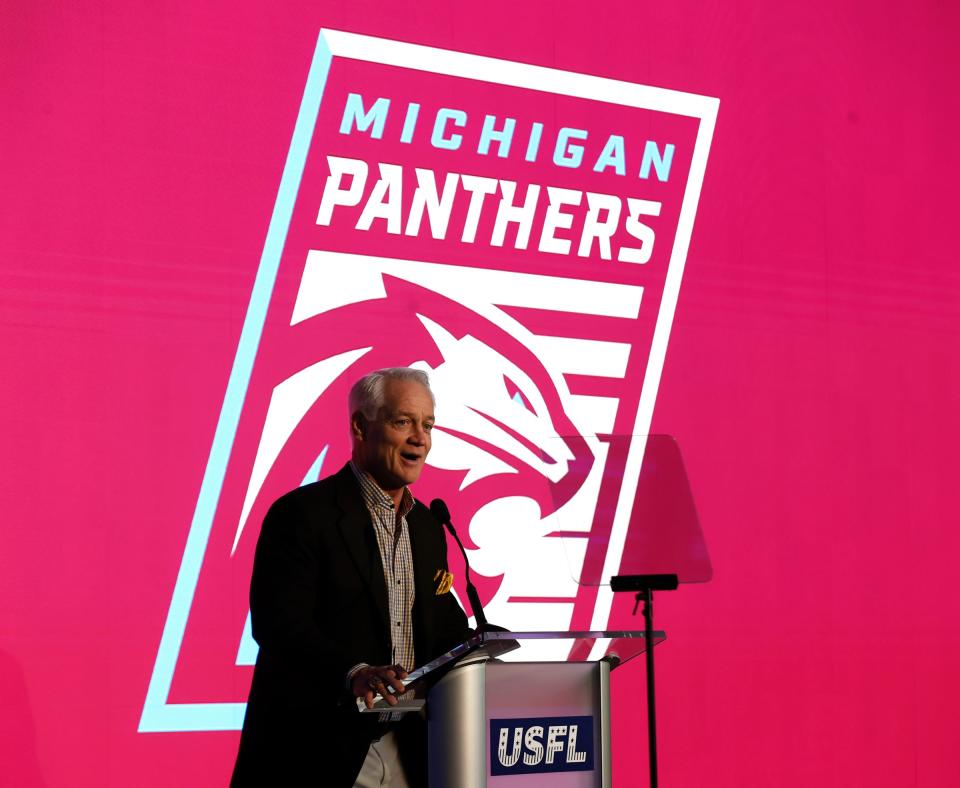 Daryl Johnston, the USFL executive vice president of football operations talks to the crowd during the announcement about the USFL Michigan Panthers returning to the state and start playing on April 30th at Ford Field in Detroit on Thursday, Jan. 26, 2023.