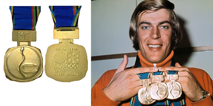 <p>The lines on the front of the 1972 medal represent snow and ice. The XI Olympic Winter Games were held in Sapporo, Japan.<br>(IOC photo; Dutch speed skater Ard Schenk in February 1972 in Sapporo/photo by AFP/Getty Images) </p>