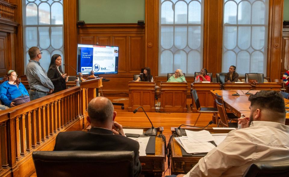 Representatives of 2 Gage Worcester LLC speak during a meeting of the city’s Affordable Housing Trust Fund’s Board of Trustees in City Hall Wednesday.