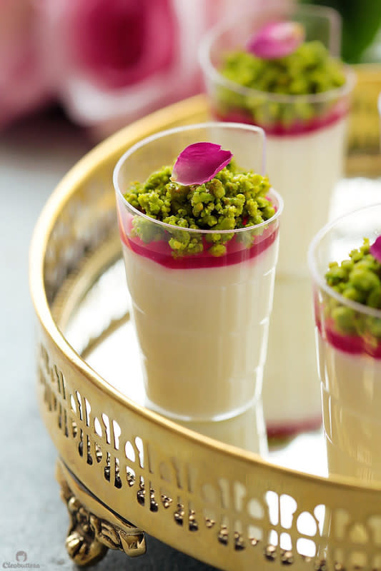 <p>Arabic style milk pudding infused with a touch of rose and orange blossom waters, adorned with rose syrup topping and garnished with caramelized pistachios. Talk about eye candy!</p><p><strong>Get the recipe: <a href="https://cleobuttera.com/middle-eastern/rose-mehalabya-milk-pudding/" rel="nofollow noopener" target="_blank" data-ylk="slk:Rose Mehalabya (Milk Pudding);elm:context_link;itc:0;sec:content-canvas" class="link ">Rose Mehalabya (Milk Pudding)</a></strong></p>