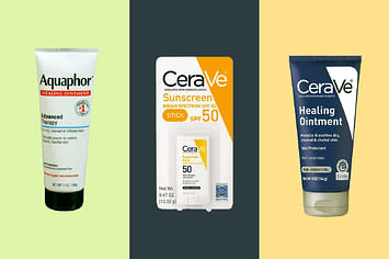 An aquaphor tube on a light green background. A Cerave suncreen stick on a navy background. A Cerave Healing Ointment tube on a bright yellow background.