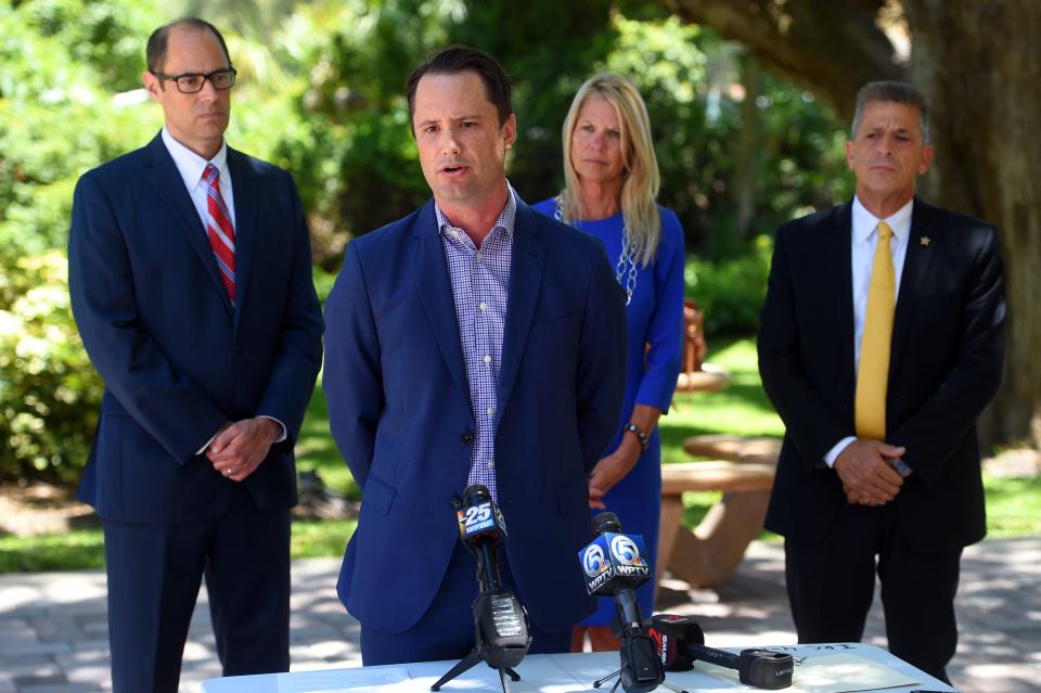 Ben Porritt, senior vice president of Corporate Affairs for Brightline, addresses the media on Wednesday, June 9, 2021, during a news conference concerning the $31.6 million agreement to make safety improvements at the 32 railroad crossings in Indian River County as Brightline continues construction on a 168-mile corridor between West Palm Beach and Orlando International Airport. Once completed, trains are expected to travel through the Treasure and Space coasts at speeds up to 110 mph. Also in attendance were Indian River County Administrator Jason Brown (from back left), Sen. Debbie Mayfield and Commissioner Joseph Flescher.