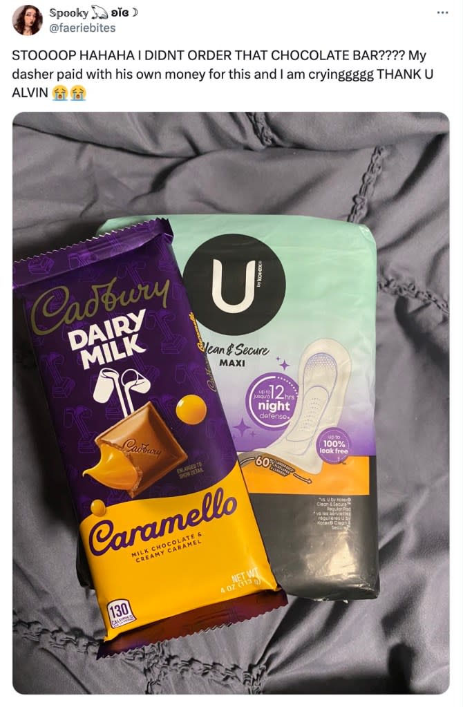 “STOOOOP HAHAHA I DIDN’T ORDER THAT CHOCOLATE BAR????” her tweet read. “My dasher paid with his own money for this and I am cryinggggg THANK U ALVIN.” X/@faeriebites