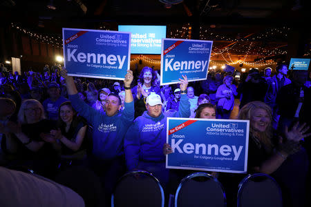 Supporters react to polling results at the United Conservative Party (UCP) provincial election night headquarters in Calgary, Alberta, Canada April 16, 2019. REUTERS/Chris Wattie