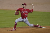 Los Angeles Angels starting pitcher Andrew Heaney throws during the first inning of the team's baseball game against the Los Angeles Dodgers on Friday, Sept. 25, 2020, in Los Angeles. (AP Photo/Ashley Landis)